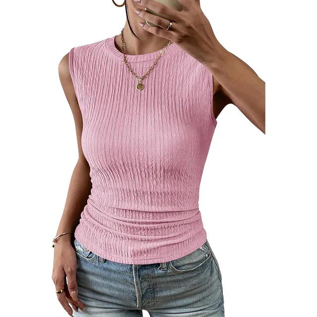 Women's High Neck Tank Top Summer Casual Ribbed Knit Slim Fitted Basic Textured Sleeveless Shirts