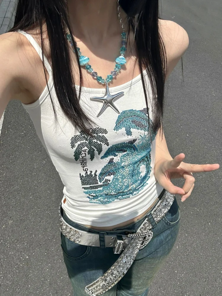 Summer Vintage Rhinestones Tank Tops Women Aesthetic Streetwear Cropped Top Sleeveless Slim Sexy Basic Fashion Causal Tanks