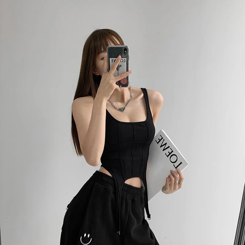 Fishbone Thread Safari Style Vest Irregular Hook Bottomed Shirt for Women Square Neck Sexy Sleeveless Sort Tops