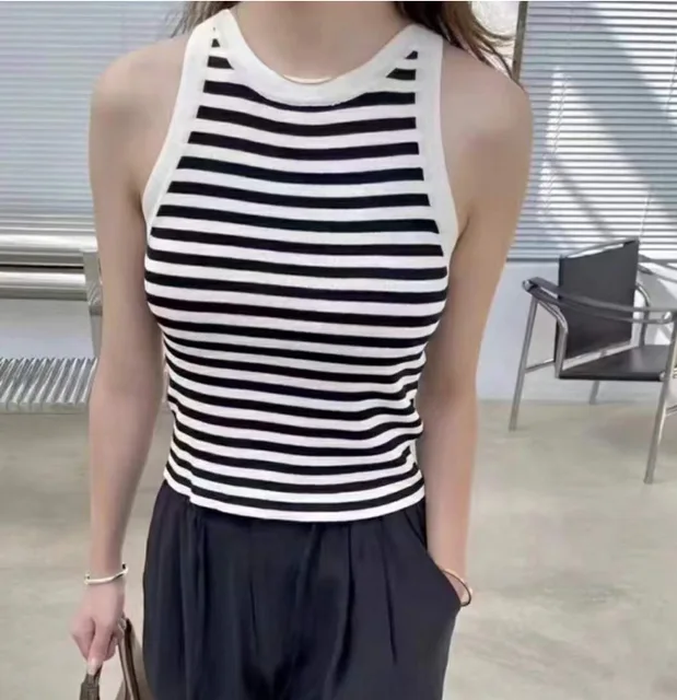 Retro Striped Knitted Vest Summer Women's Bottoming Outerwear Sleeveless Design Sense Thin Chic Short Streetwear Tops Tank Top