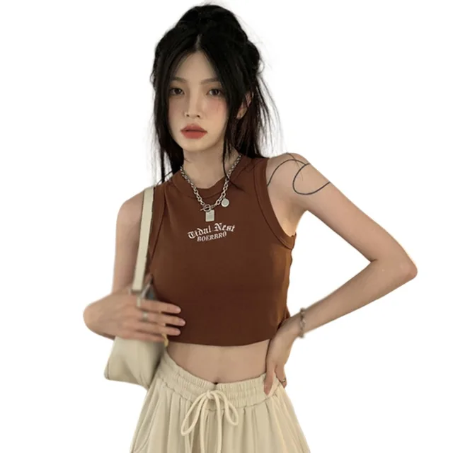 Women's Temperament Slim Tank Top With Chest Pad Fashion Girly Round Neck Letter Embroidery Sleeveless Casual Sport Crop Top