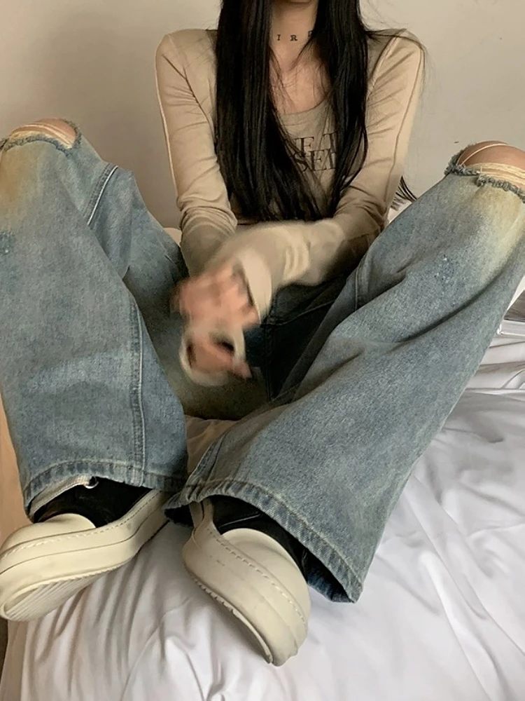 Baggy Low Waist Bottoms Hole Ripped Jeans Denim Pants Floor-Length Vintage Trousers