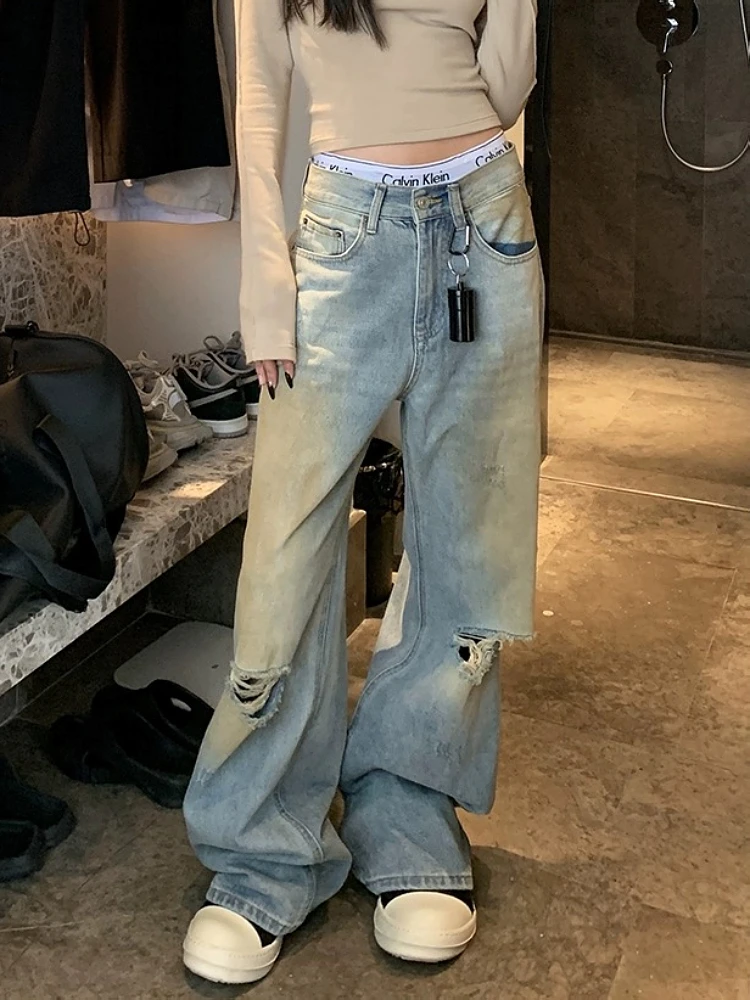 Baggy Low Waist Bottoms Hole Ripped Jeans Denim Pants Floor-Length Vintage Trousers