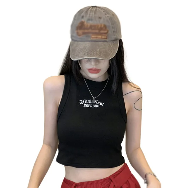 Women's Temperament Slim Tank Top With Chest Pad Fashion Girly Round Neck Letter Embroidery Sleeveless Casual Sport Crop Top