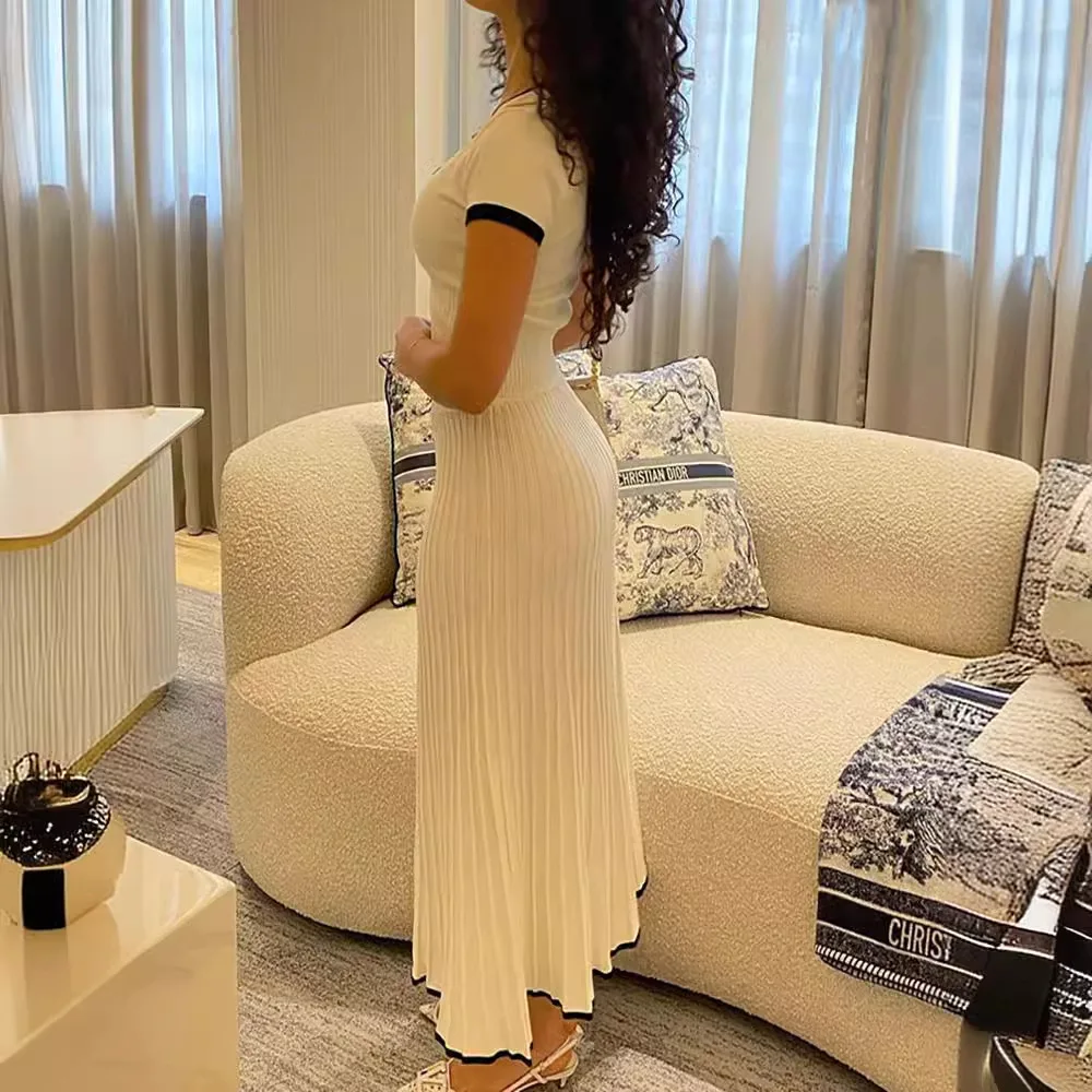 Summer Women White long Skirt Suit Short Sleeve V-neck crop top pleated set elegant dress skirt set