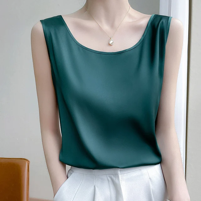 Summer Silk Camis Women's T Shirts Sleeveless Vest Satin Tank Tops Office Elegant Fashion O Neck Champagne BlouseTop Women