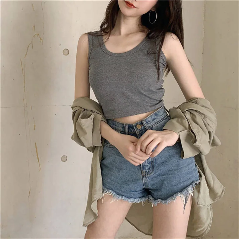Black Knitted Round Neck Women T-shirt Sexy Sleeveless Camisole Crop Top Woman Tight Stretch Tank Top Ladies Tee Top Streetwear