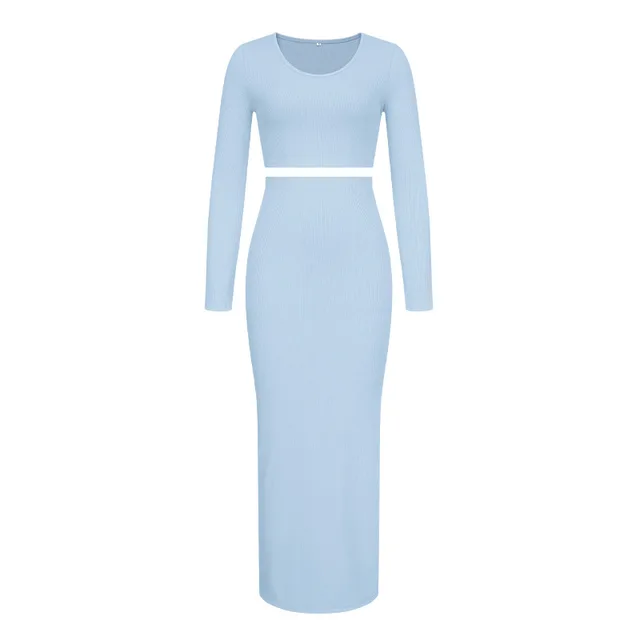 Spring Two Piece Sets Women Knitted Sweater Skirt Suit Streetwear Fashion Long Sleeve Sexy Slim Crop Tops Long Split Skirt Dress