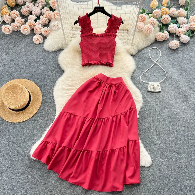 Chic Fashion Women Dress Suits Summer Vacation Style Sleeveless Stretchy Tops + High Waist Long Skirts Lady Outfits