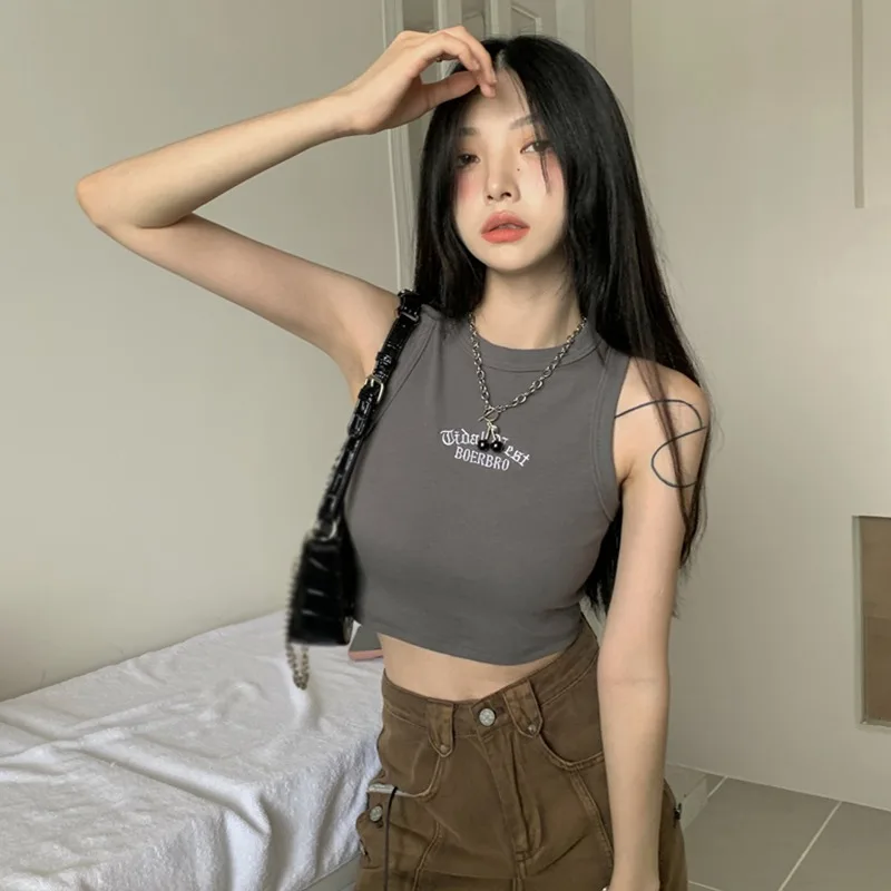 Women's Temperament Slim Tank Top With Chest Pad Fashion Girly Round Neck Letter Embroidery Sleeveless Casual Sport Crop Top