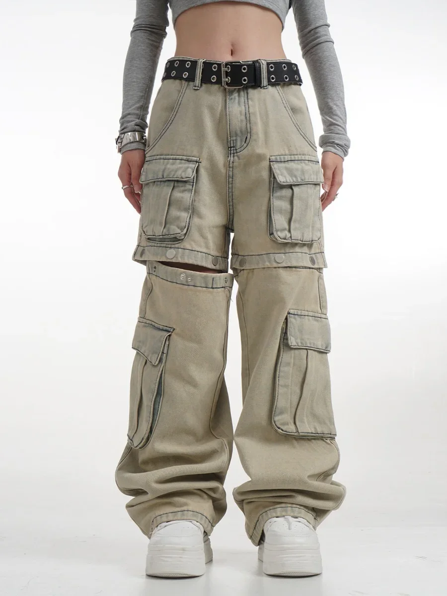 Women's Green Cargo Jeans Baggy Harajuku Aesthetic High Waist Denim Trouser Wide Jean Pants Vintage