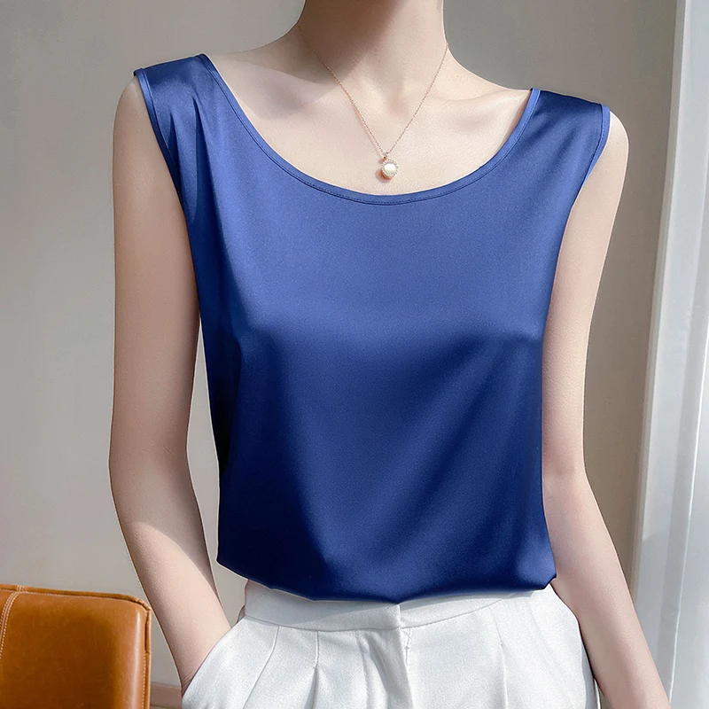 Summer Silk Camis Women's T Shirts Sleeveless Vest Satin Tank Tops Office Elegant Fashion O Neck Champagne BlouseTop Women