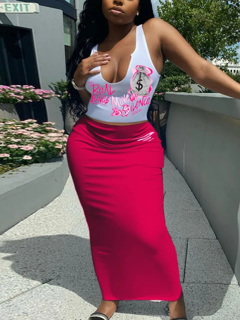 Letter Graffiti Print Two Pieces Dresses Suits Sleeveless White Crop Cami Top&Long Skinny Skirt Set Women's Summer Clothings