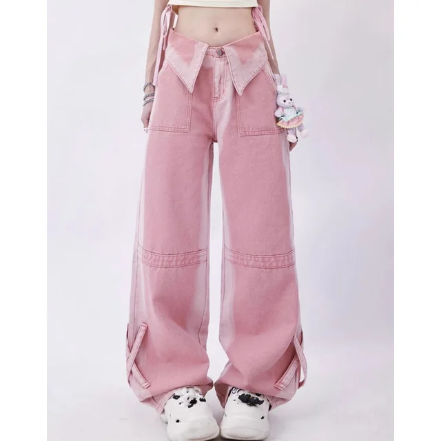 Women Pink Jeans Contrasting Colors High Waist American Wide Leg Pants Fashion Hip Hop Vintage Straight Autumn Blue Trousers