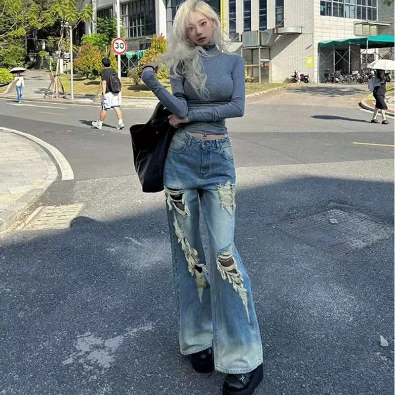 Vintage Ripped Denim Pants Baggy Streetwear American Jeans High Waist Hip Hop All-match Ins Tide Cowboy Trousers