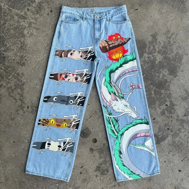New Harajuku Anime Graphic wide leg jeans Streetwear Jeans for Men Women Japanese Style High Waist Jeans Wide Trouser Pants