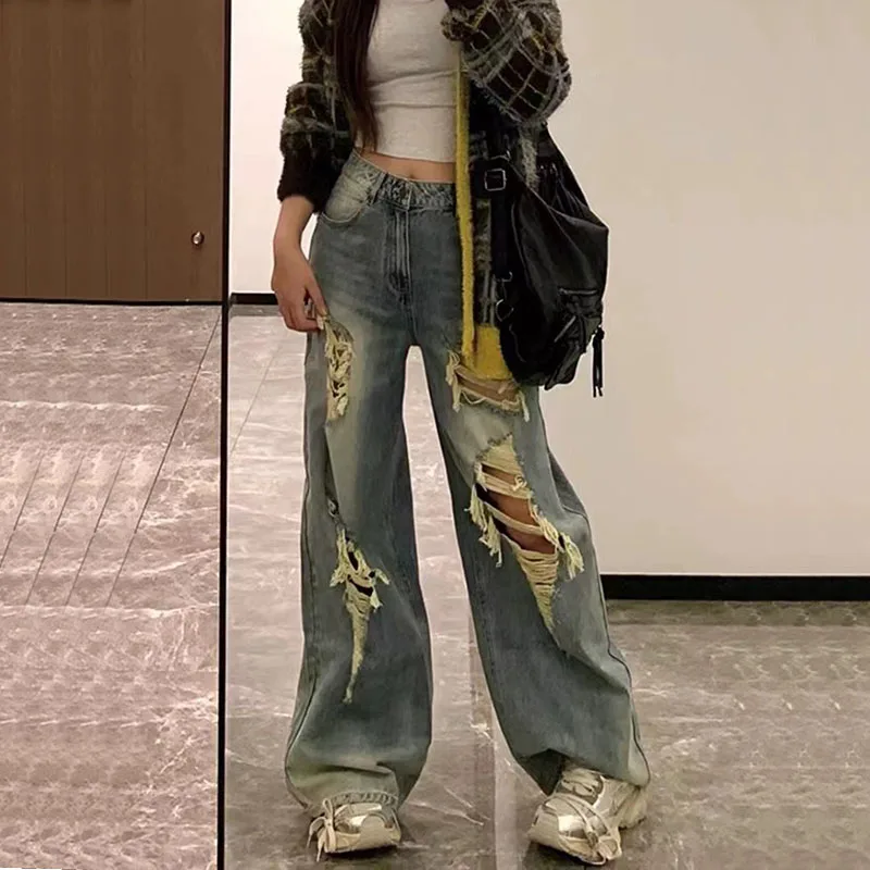 Vintage Ripped Denim Pants Baggy Streetwear American Jeans High Waist Hip Hop All-match Ins Tide Cowboy Trousers