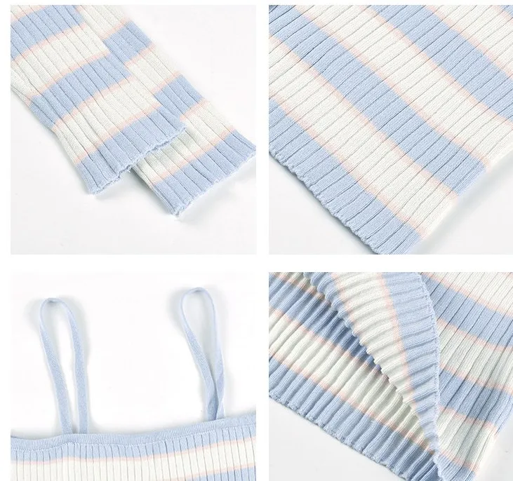 Stripe Knitted Women Fashion Two Piece Set Long Sleeve Cardigan Tops And Sexy Sheath Sling Dress Elegant Suit Female