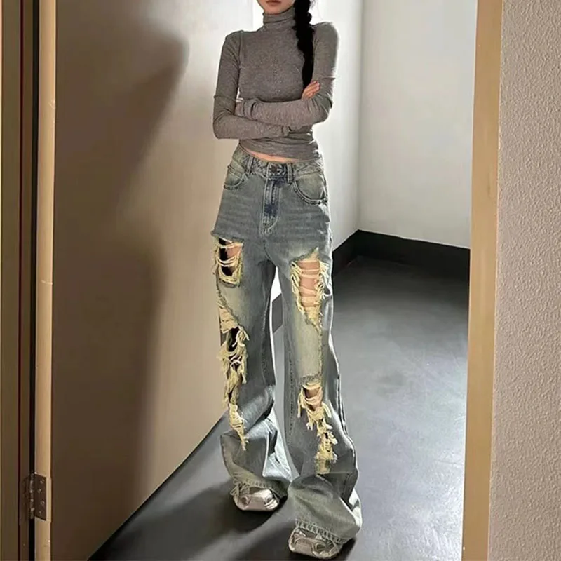 Vintage Ripped Denim Pants Baggy Streetwear American Jeans High Waist Hip Hop All-match Ins Tide Cowboy Trousers