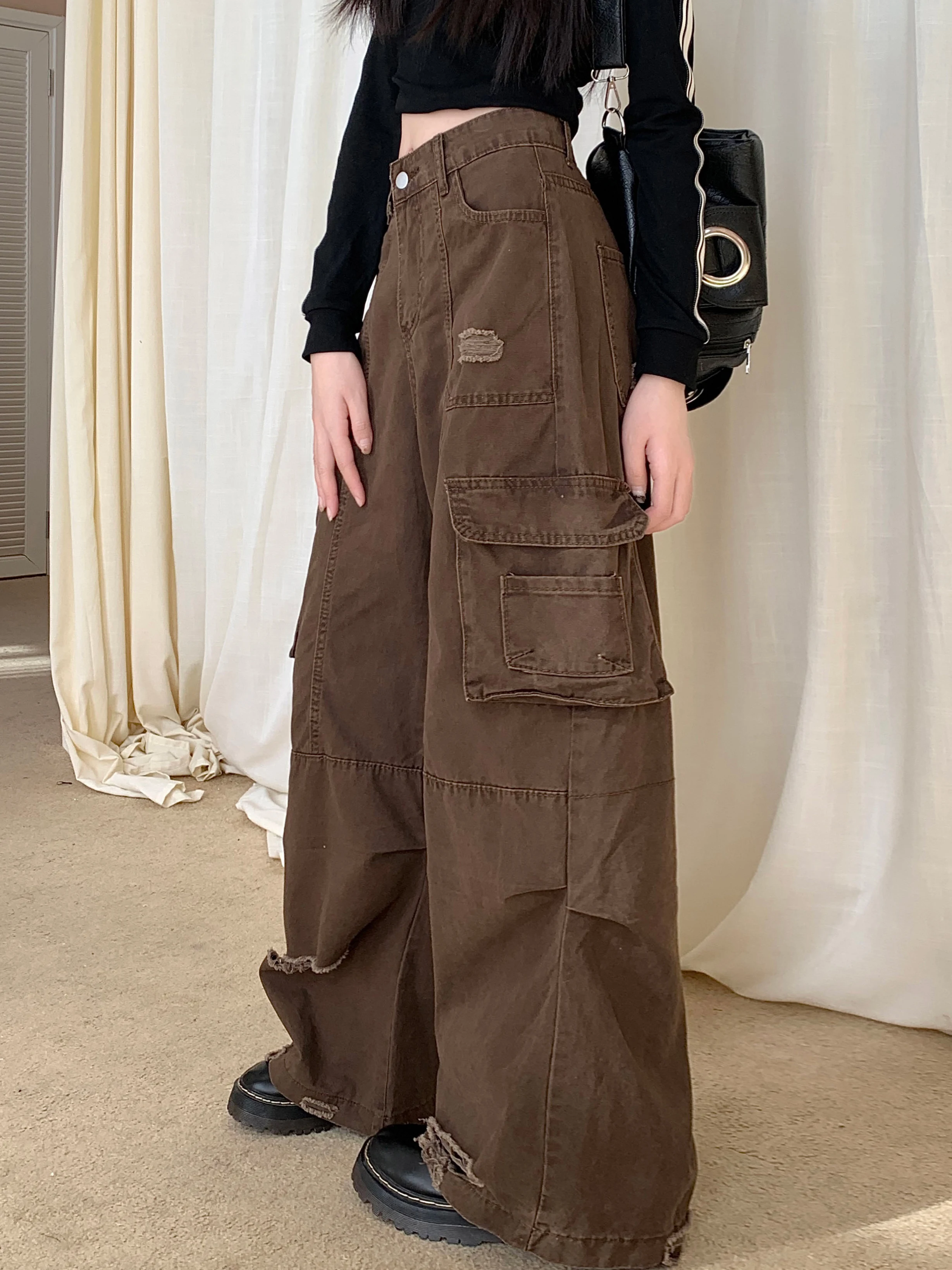 Women Coffee Cargo Jeans Baggy Aesthetic Vintage Cowboy Pants Harajuku Oversize High Waist Denim Trousers