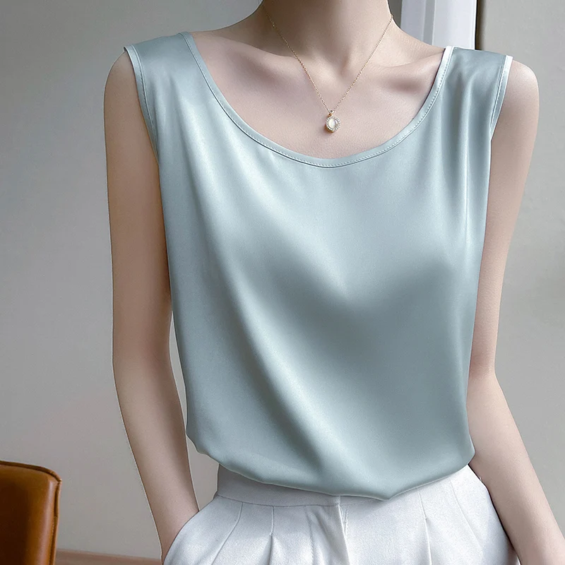 Summer Silk Camis Women's T Shirts Sleeveless Vest Satin Tank Tops Office Elegant Fashion O Neck Champagne BlouseTop Women