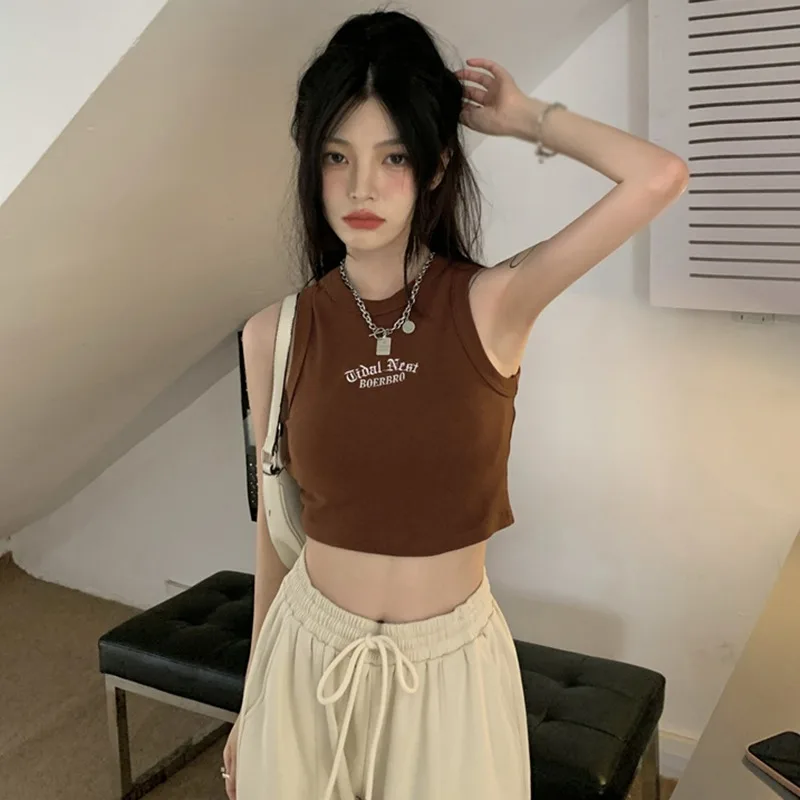 Women's Temperament Slim Tank Top With Chest Pad Fashion Girly Round Neck Letter Embroidery Sleeveless Casual Sport Crop Top