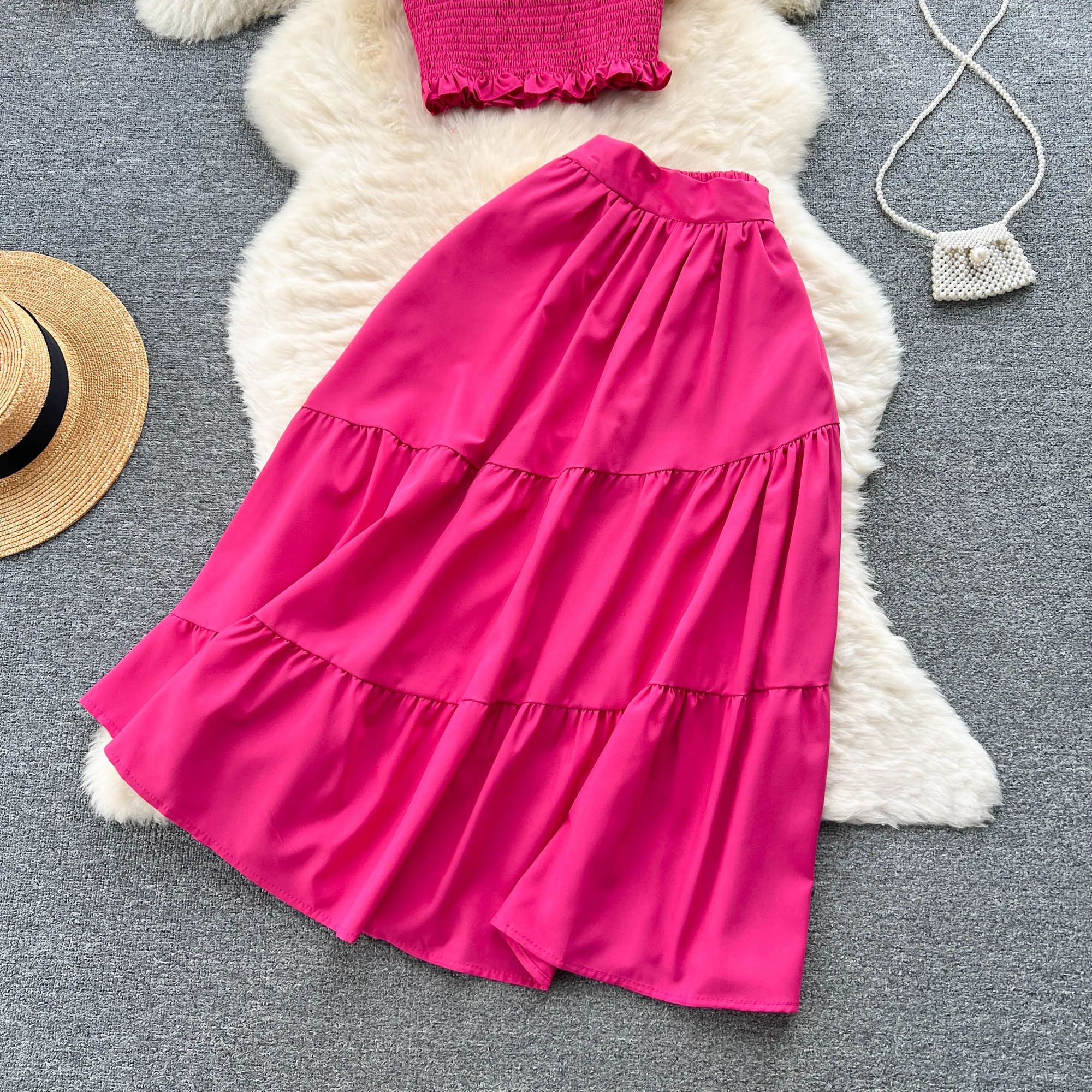Chic Fashion Women Dress Suits Summer Vacation Style Sleeveless Stretchy Tops + High Waist Long Skirts Lady Outfits
