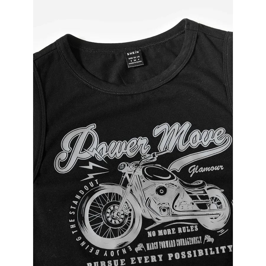 Women's Cool Sleeveless Round Neck Tank Motorcycle & Slogan Print Short Vest Tee Cool Street Fashion Women Clothin