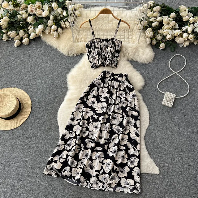 Women Dress Set New Summer Vacation Fashion Floral Print Straps Crop Tops + Long Skirts Outfits Beach 2Pcs Suits