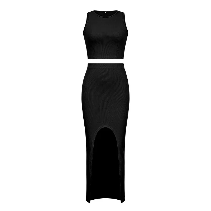 Summer Two Piece Dresses Sets Women Skirt Suit Streetwear Sexy Slim Crop Tops Long Split Skirt Dress Tank Vest Camis With Skirt