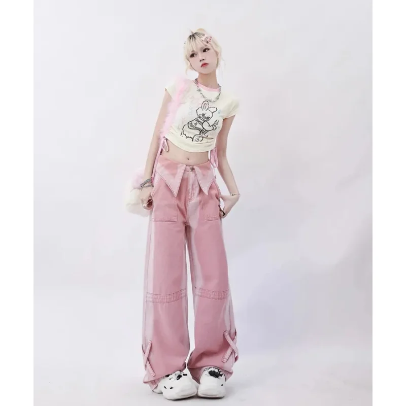 Women Pink Jeans Contrasting Colors High Waist American Wide Leg Pants Fashion Hip Hop Vintage Straight Autumn Blue Trousers