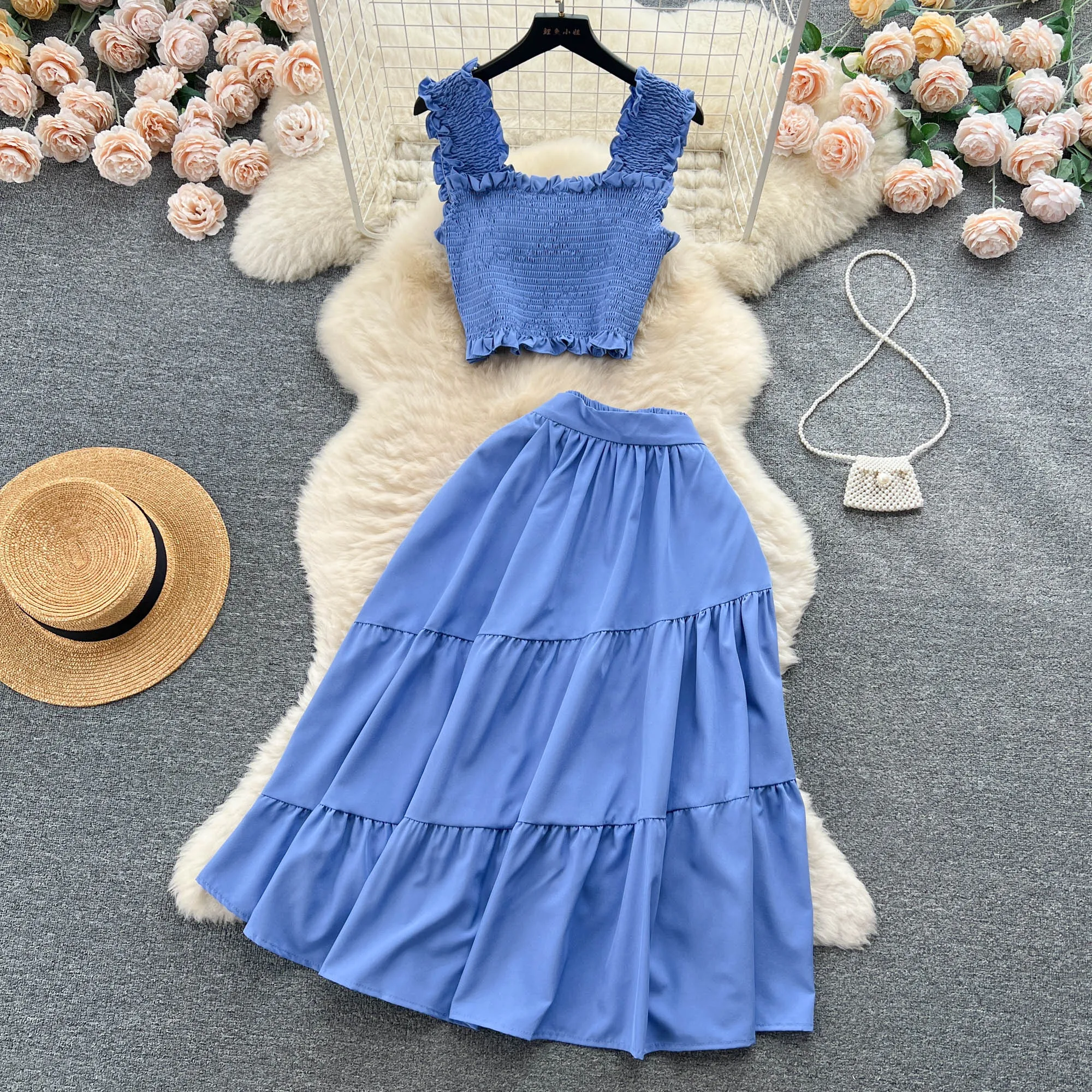 Chic Fashion Women Dress Suits Summer Vacation Style Sleeveless Stretchy Tops + High Waist Long Skirts Lady Outfits