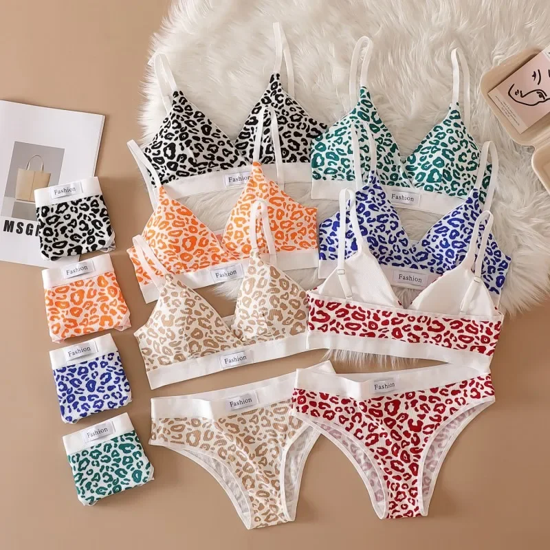Underwear Women Set Low Waist Panties Leopard Bralette Sexy Lingerie Set Vneck Sport Brassiere Female Cotton Underwear Set