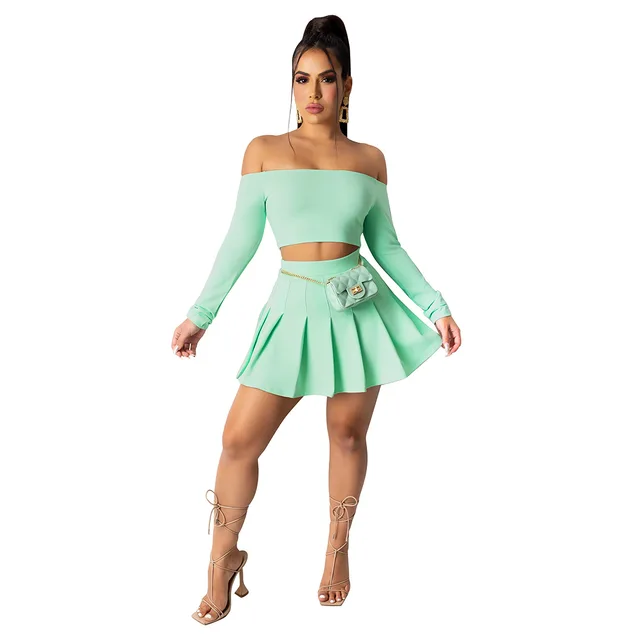 Birthday Outfits Women Dress Sets Raglan Sleeve Slash Neck T Shirt Suit Sexy Crop Top Ladies Pleated Mini Dresses Two Piece Set