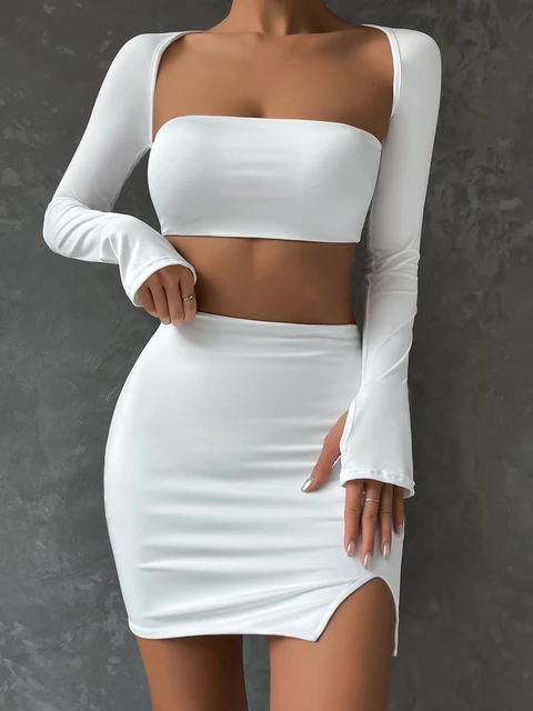 Sexy White Mini Dress Set Long Sleeve Top Summer Skirts Suits Bodycon Women Party Short Split Dress Suit