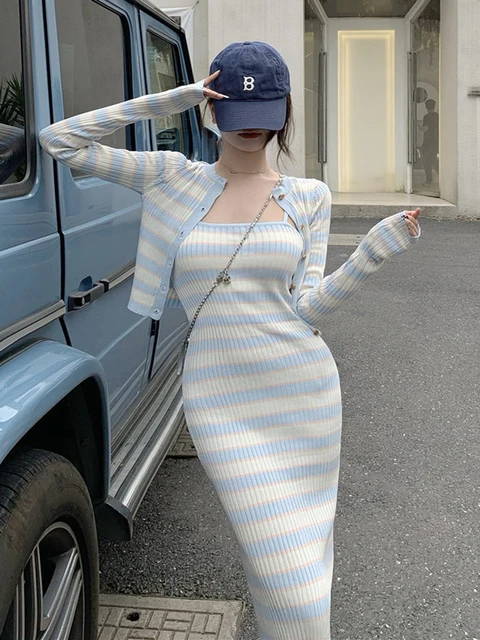 Stripe Knitted Women Fashion Two Piece Set Long Sleeve Cardigan Tops And Sexy Sheath Sling Dress Elegant Suit Female