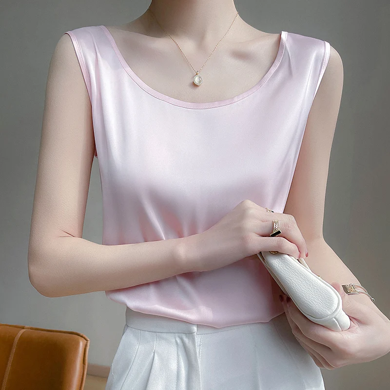 Summer Silk Camis Women's T Shirts Sleeveless Vest Satin Tank Tops Office Elegant Fashion O Neck Champagne BlouseTop Women