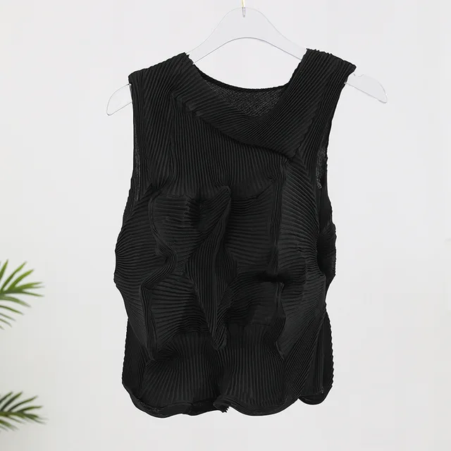 Miyake Pleated Vest Women's Summer New Fashion Loose Temperament Design Large Size Stretch Bud Bottoming Top
