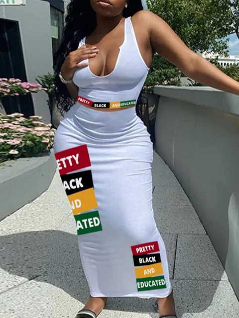 Letter Graffiti Print Two Pieces Dresses Suits Sleeveless White Crop Cami Top&Long Skinny Skirt Set Women's Summer Clothings