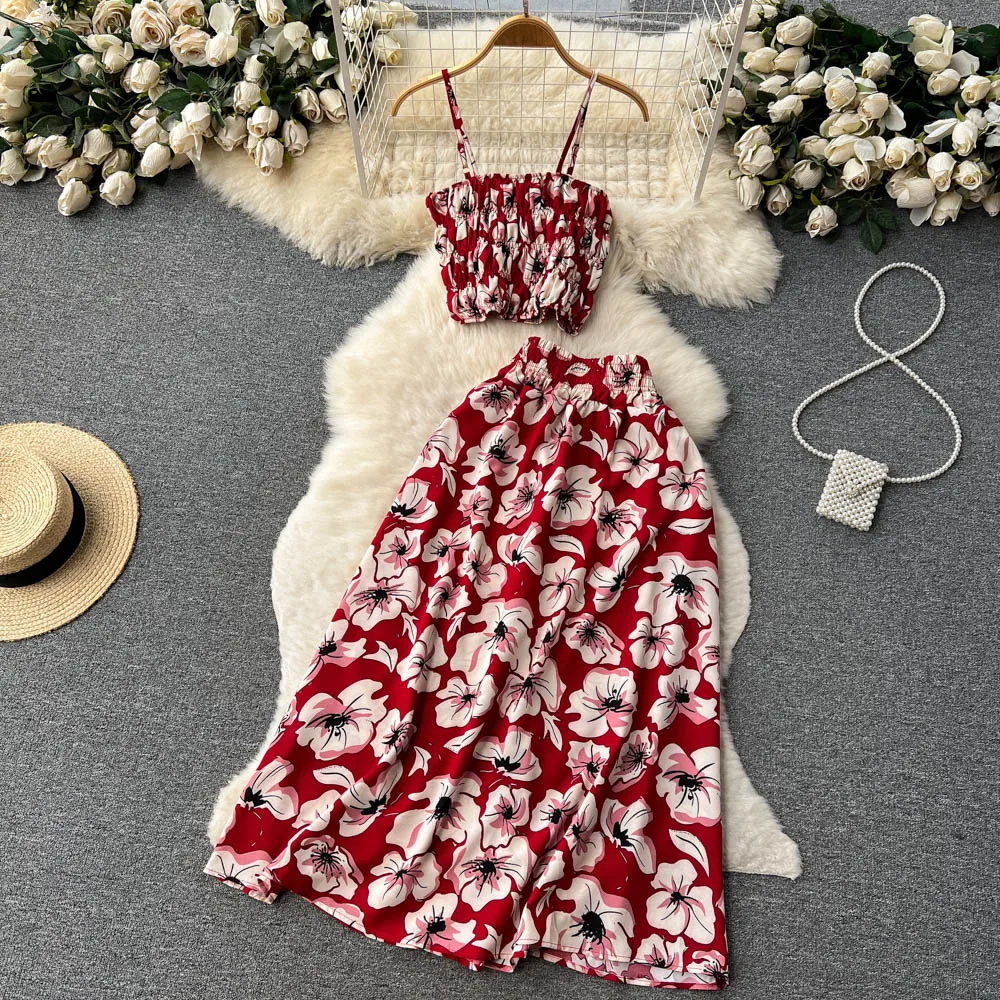 Women Dress Set New Summer Vacation Fashion Floral Print Straps Crop Tops + Long Skirts Outfits Beach 2Pcs Suits