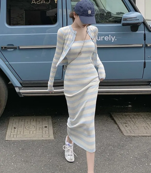 Stripe Knitted Women Fashion Two Piece Set Long Sleeve Cardigan Tops And Sexy Sheath Sling Dress Elegant Suit Female