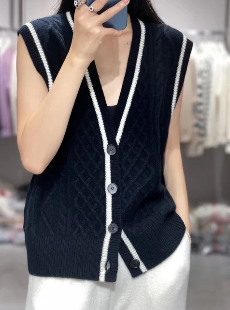 Cashmere Vest Women Cardigan Loose Solid Sleeveless Cashmere button Vest Autumn Winter Loose Knitted Vest
