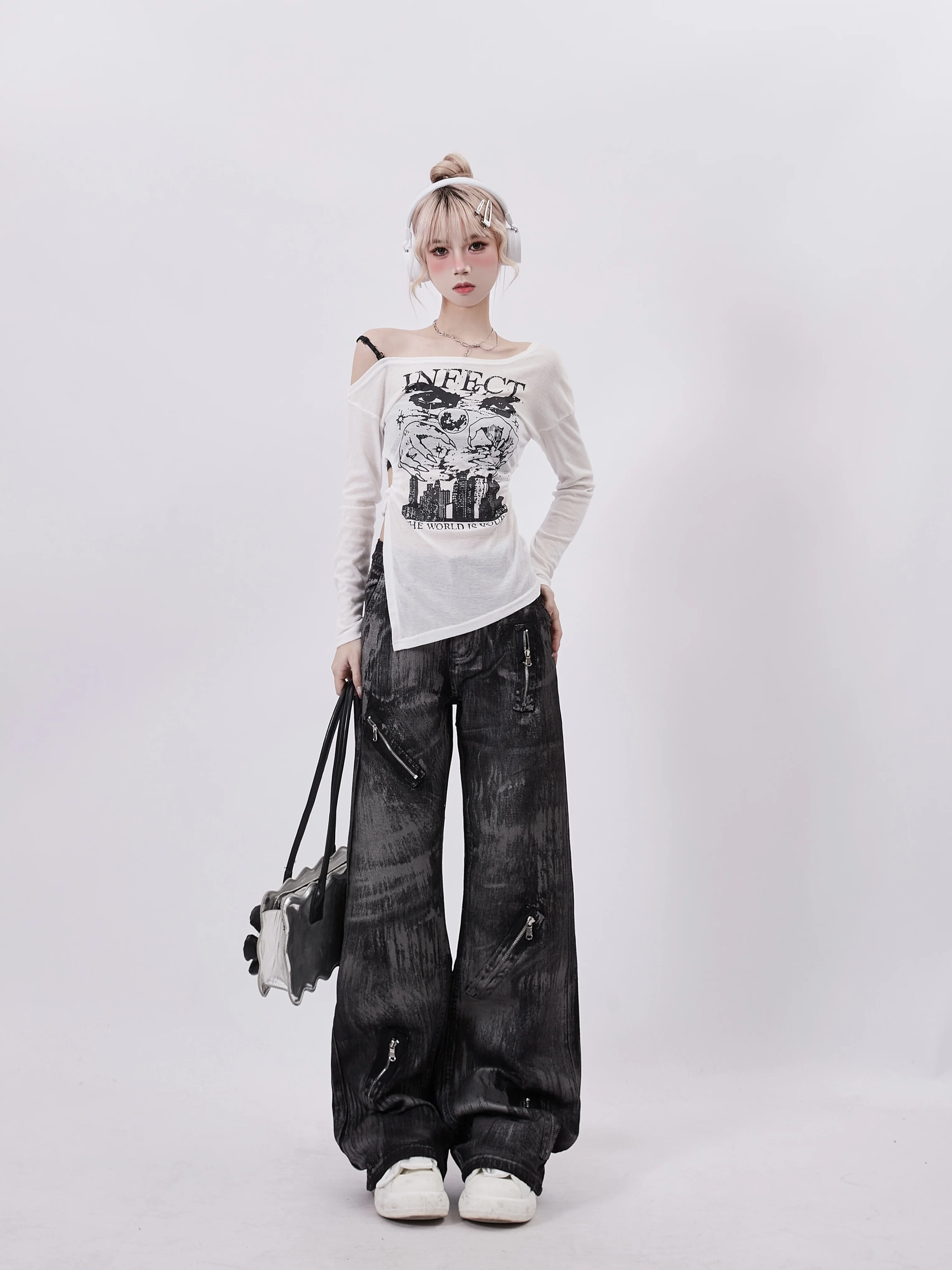 Women's Black Gothic Jeans Vintage Zippers Cowboy Pants Harajuku Baggy Punk Denim Trousers