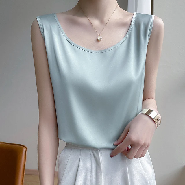 Summer Silk Camis Women's T Shirts Sleeveless Vest Satin Tank Tops Office Elegant Fashion O Neck Champagne BlouseTop Women