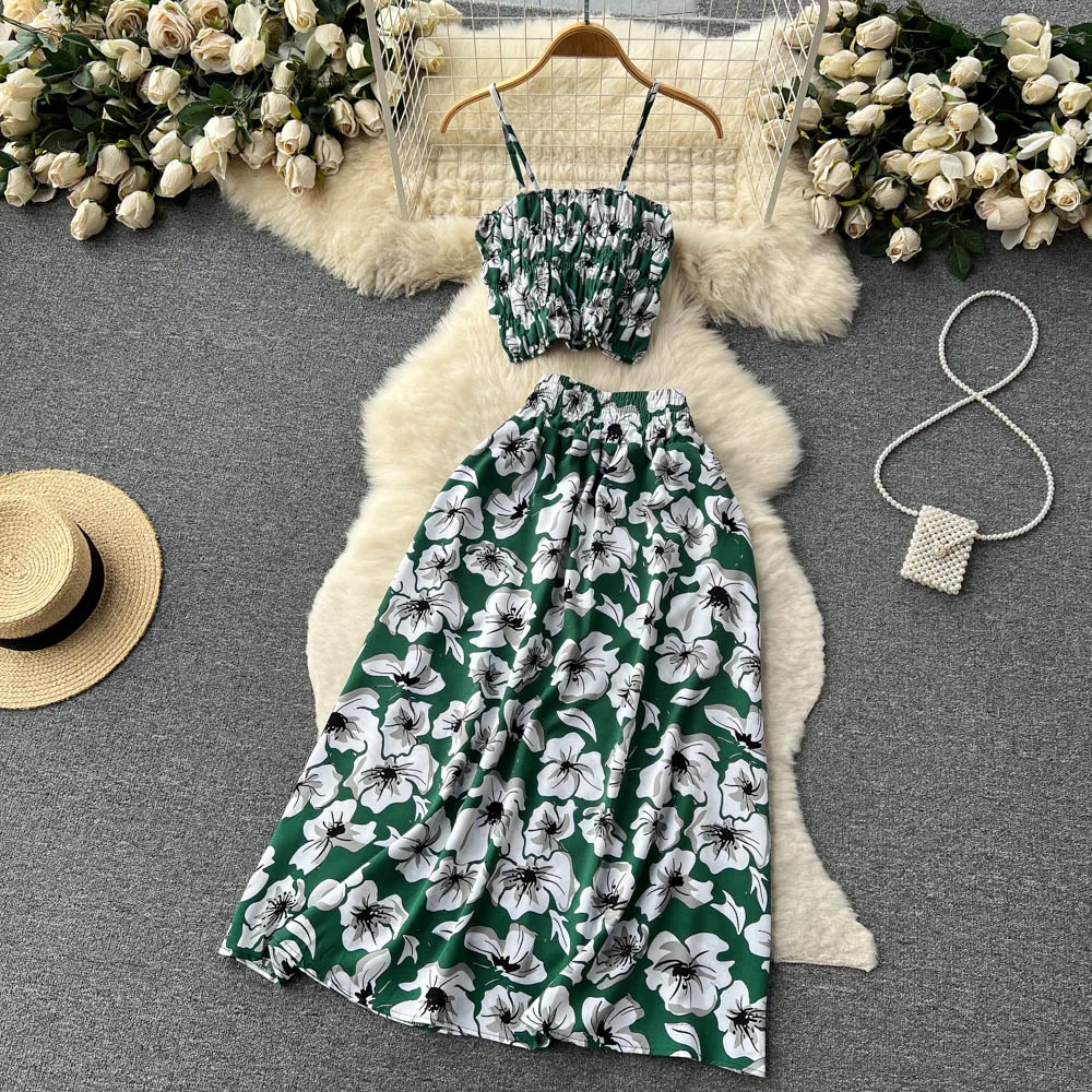 Women Dress Set New Summer Vacation Fashion Floral Print Straps Crop Tops + Long Skirts Outfits Beach 2Pcs Suits