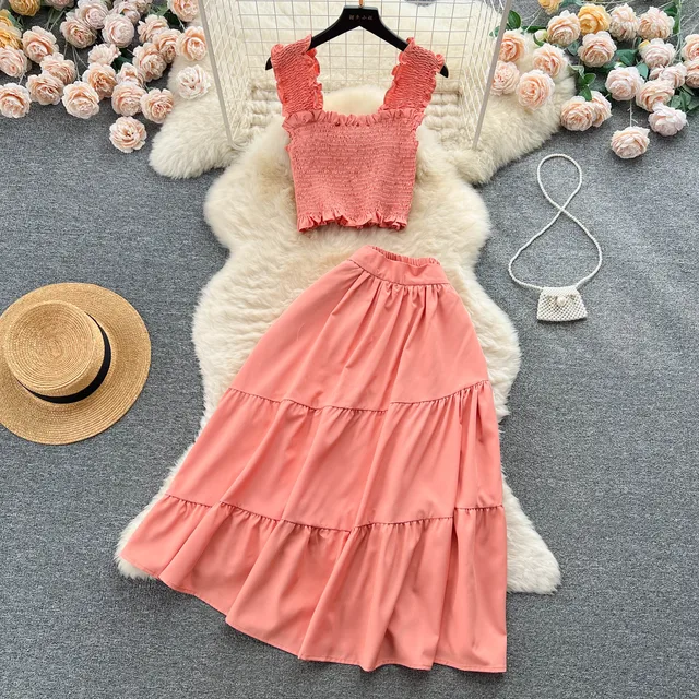 Chic Fashion Women Dress Suits Summer Vacation Style Sleeveless Stretchy Tops + High Waist Long Skirts Lady Outfits