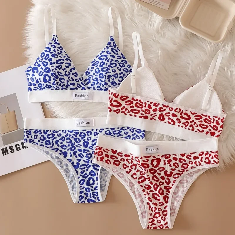 Underwear Women Set Low Waist Panties Leopard Bralette Sexy Lingerie Set Vneck Sport Brassiere Female Cotton Underwear Set