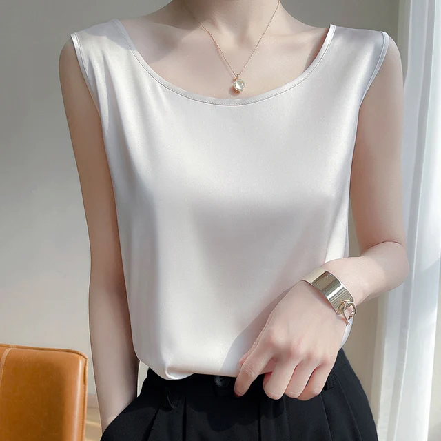 Summer Silk Camis Women's T Shirts Sleeveless Vest Satin Tank Tops Office Elegant Fashion O Neck Champagne BlouseTop Women