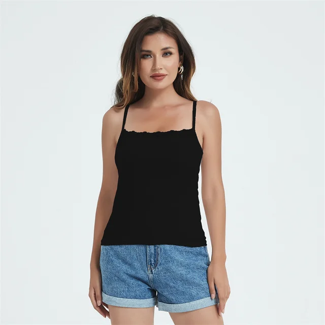 Women Summer Tanks Camis Fashion Casual Sleeveless Cotton Lace Sexy Ladies Street Solid Color Tops Tees