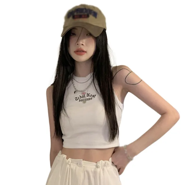 Women's Temperament Slim Tank Top With Chest Pad Fashion Girly Round Neck Letter Embroidery Sleeveless Casual Sport Crop Top